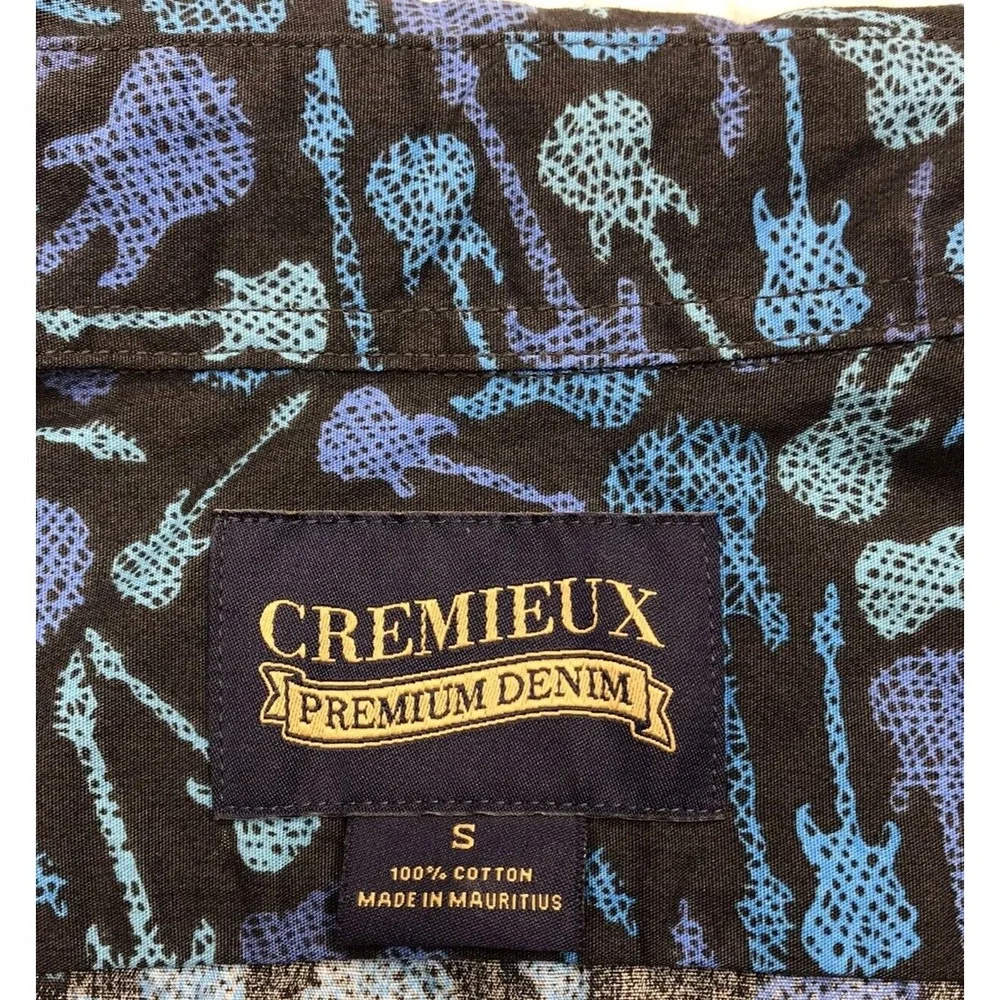 VTG Cremieux Premium Button Shirt Mens SMALL Guitars Black Blue Short Sleeve Y2K